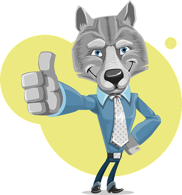 Grafik, die einen Wolf mit dunkelblauer Hose, blauem Hemd und Krawatte zeigt, der den rechten Arm mit Daumen nach oben waagerecht hält